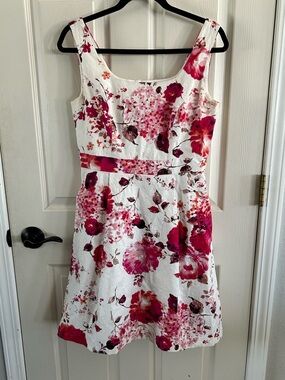 Adrianna Papell Floral Scoop Neck A-Line Dress White Pink Sz 6 Flaws Read